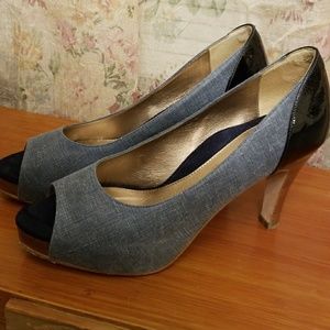 Blue Linen peep toe high heel 8